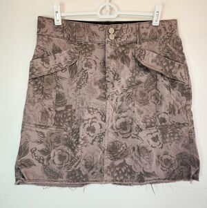 Democracy Women's Sz 8 Denim Floral Midi Skirt Pink and Brown Fringe Office